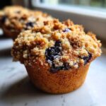 A close-up, appetizing photo of a golden brown blueberry muffin topped with crunchy streusel, highlighting a juicy blueberry.