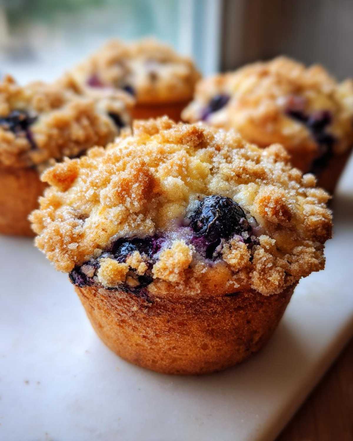 A close-up, shallow depth of field photo of a golden brown blueberry muffin topped with crunchy streusel.