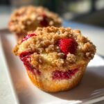 A close-up, appetizing photo of a freshly baked strawberry muffin topped with brown sugar crumble and a whole strawberry.