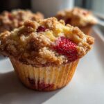 A close-up of a delicious strawberry muffin with a golden crumb topping, featuring a bright red strawberry piece.