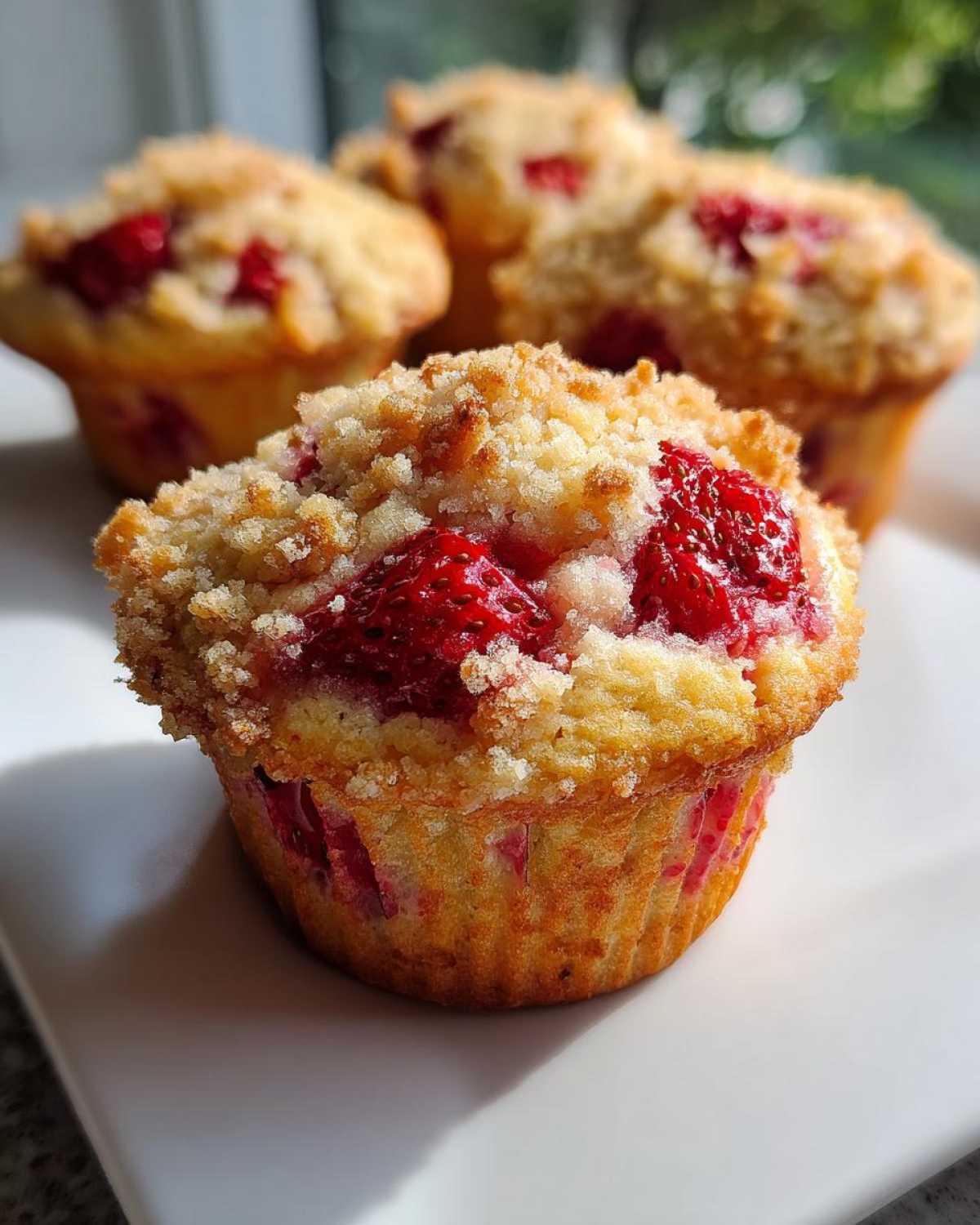 A close-up of a delicious strawberry muffin topped with streusel, with more strawberry muffins blurred in the background.