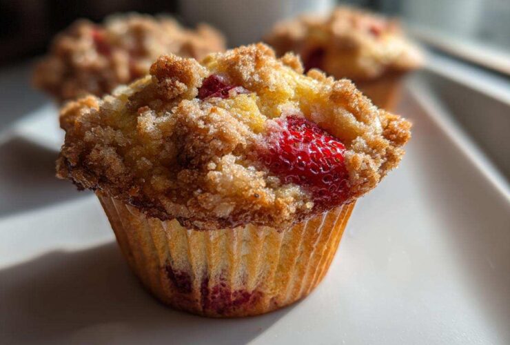 A close-up of a delicious strawberry muffin with a golden crumb topping, featuring a bright red strawberry piece.