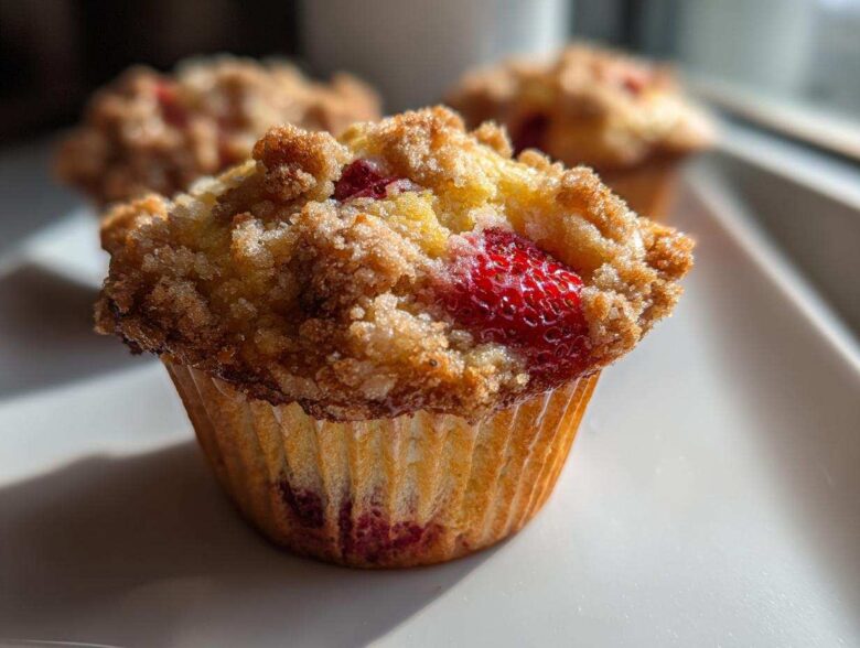 A close-up of a delicious strawberry muffin with a golden crumb topping, featuring a bright red strawberry piece.