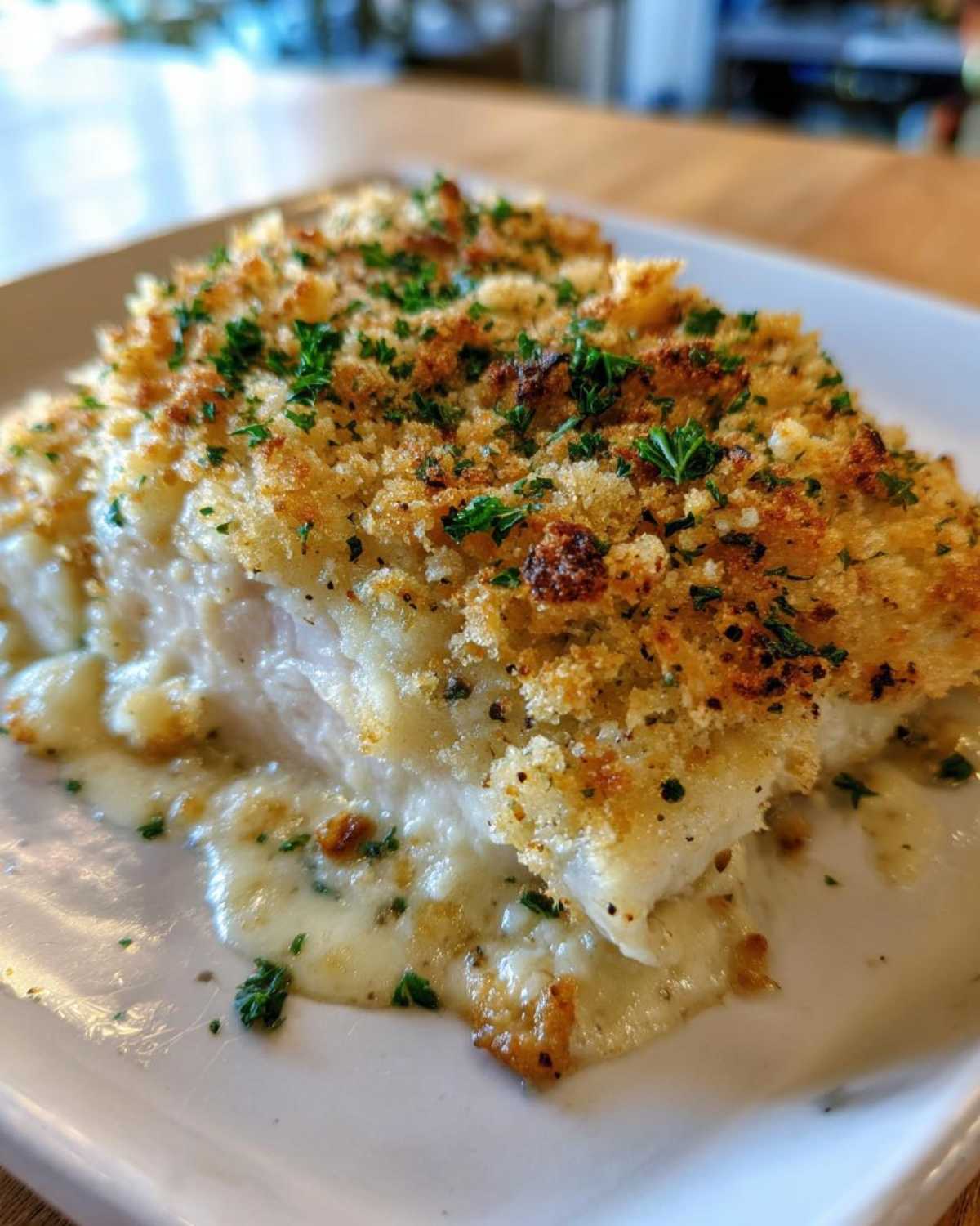 Close-up of a piece of baked chicken topped with golden breadcrumbs and parsley, sitting in a creamy sauce, representing caesar chicken.
