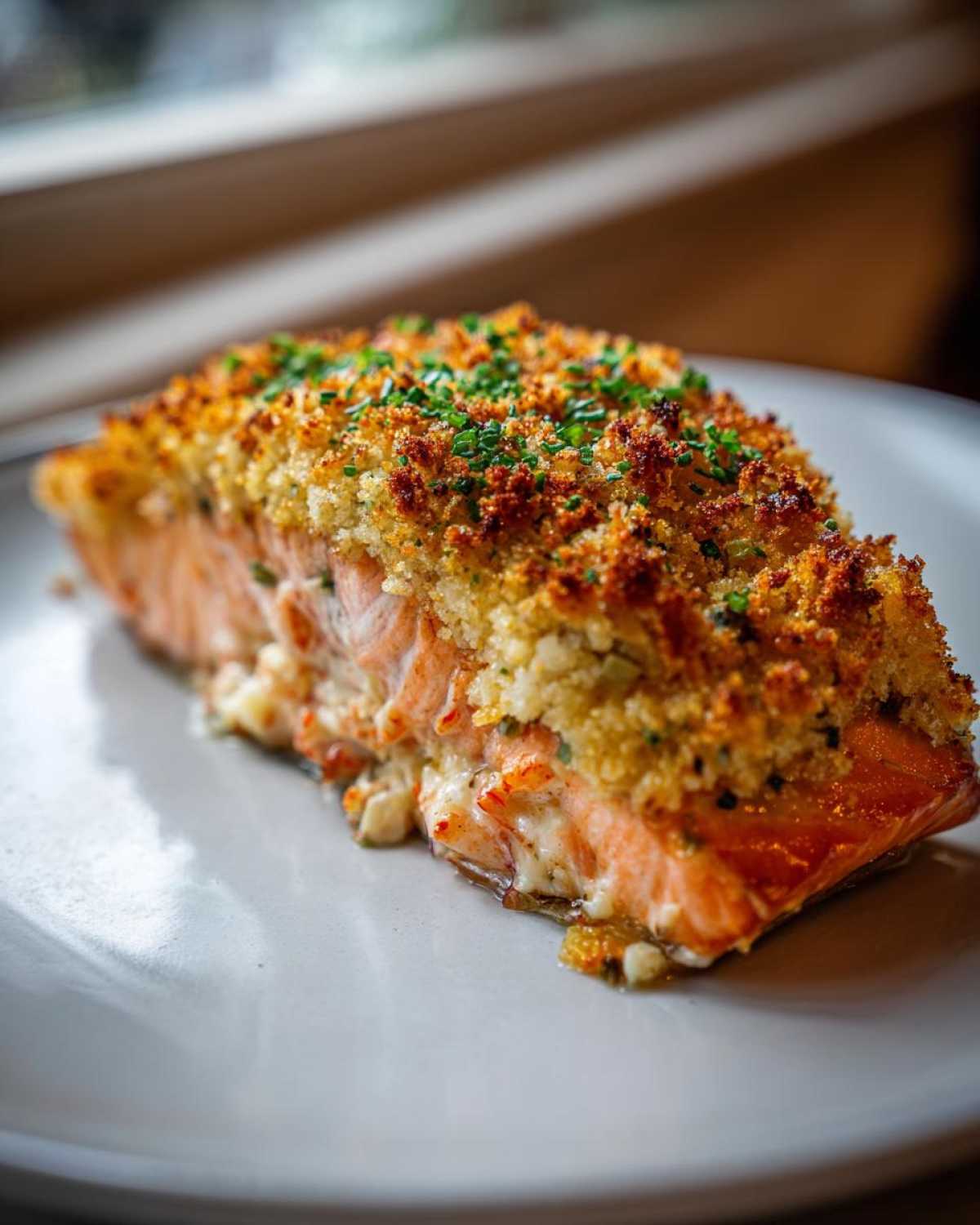 A perfectly baked piece of stuffed salmon with a golden, crunchy breadcrumb crust, garnished with chives.