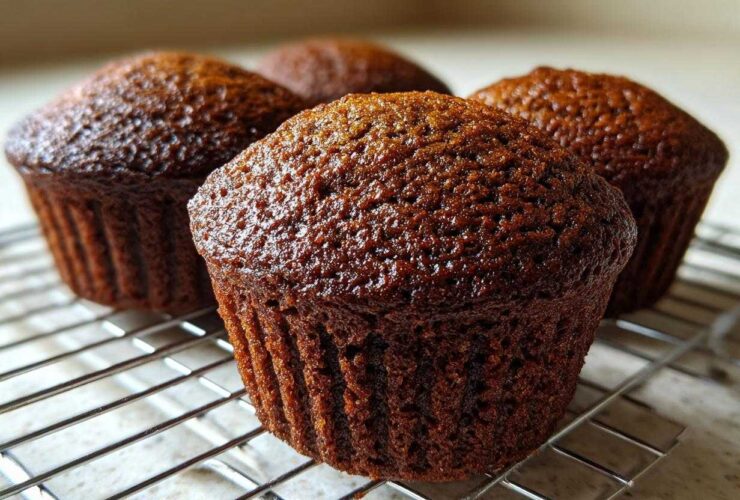 Close-up of three dark, moist bran muffins cooling on a wire rack after baking.