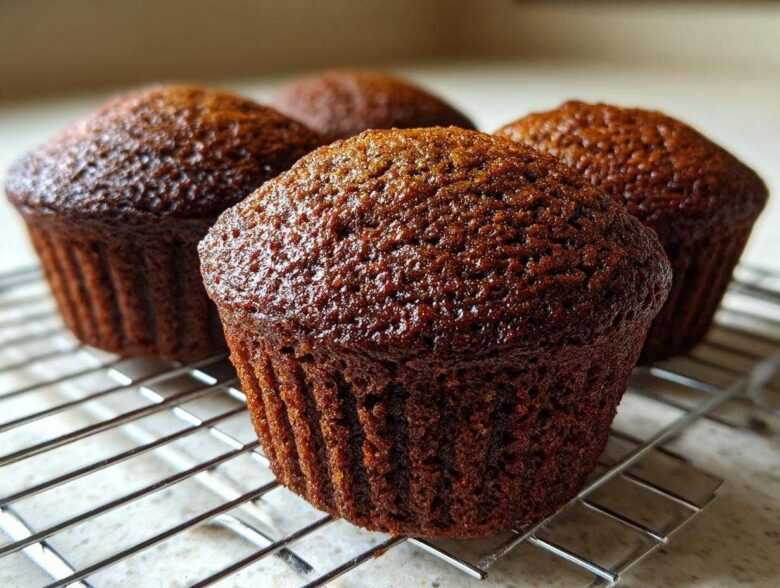 Close-up of three dark, moist bran muffins cooling on a wire rack after baking.