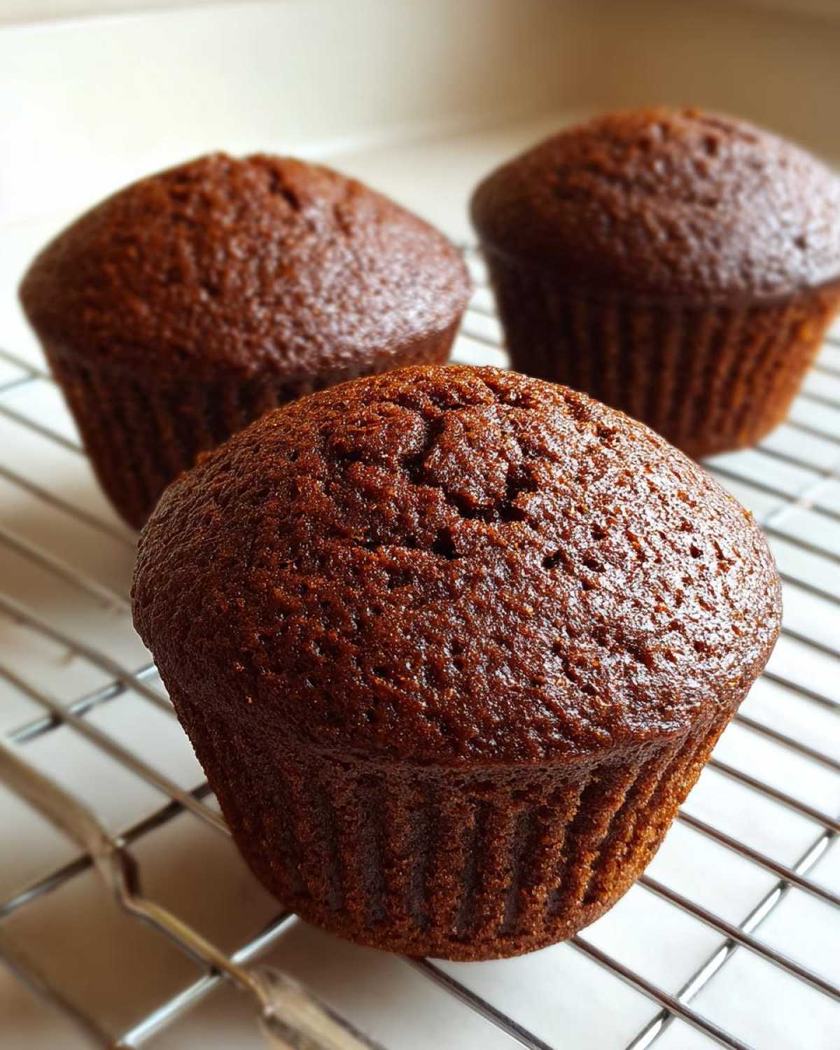 Three dark, rich bran muffins cooling on a wire rack after baking.