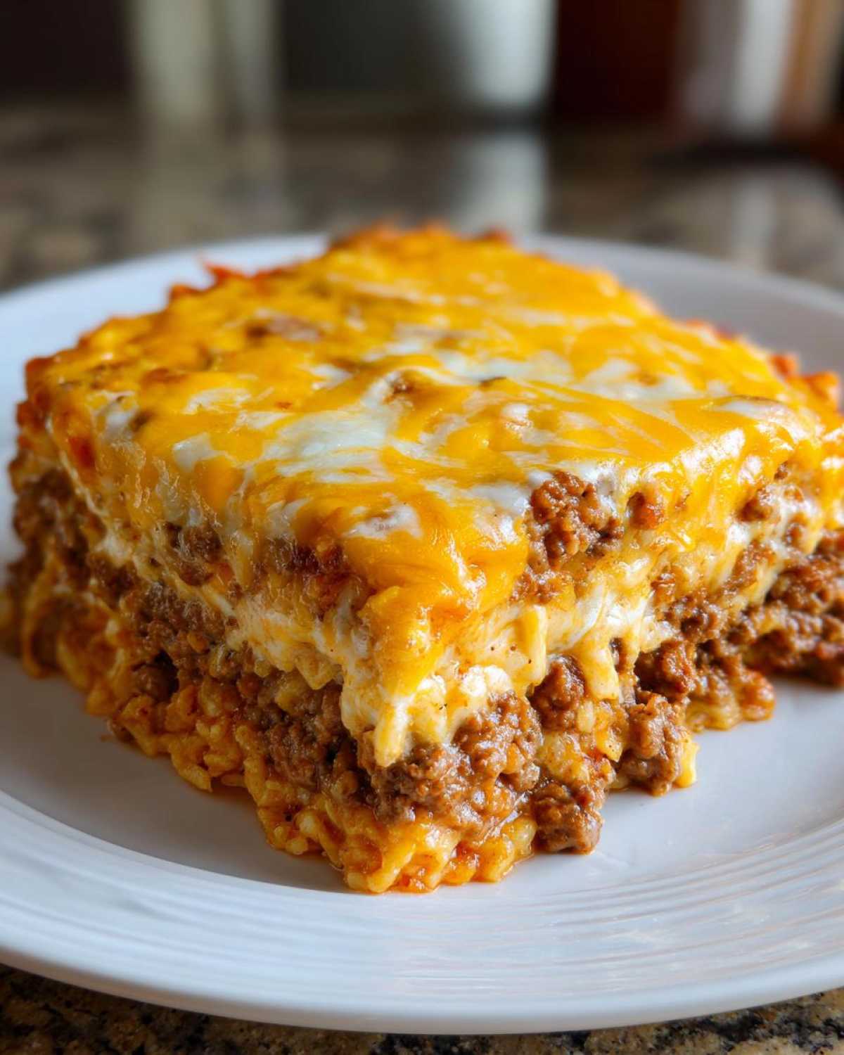 A square slice of Dorito Casserole layered with seasoned meat and topped with melted orange and white cheese.