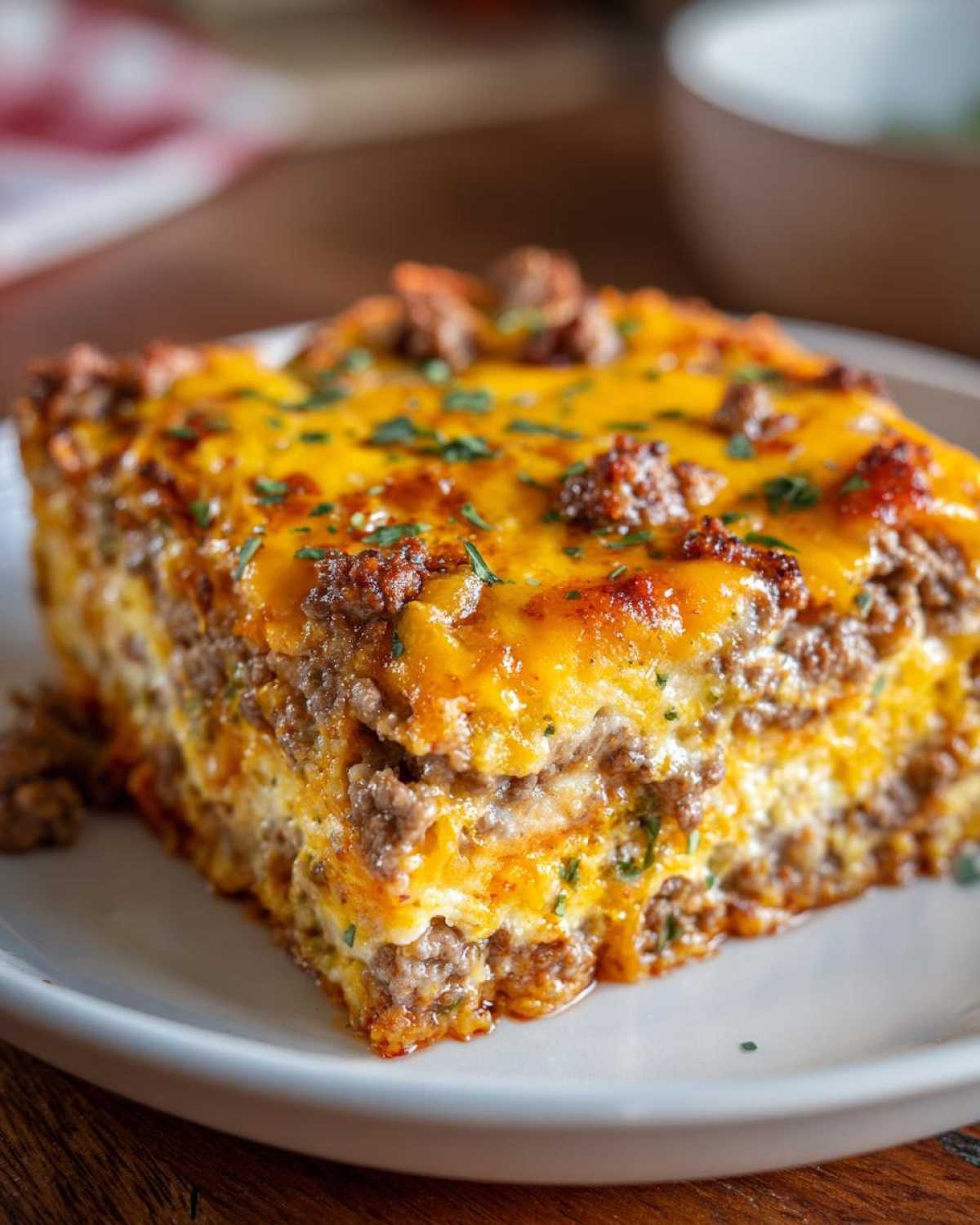 Close-up of a square slice of Dorito Casserole layered with ground meat and melted cheddar cheese.