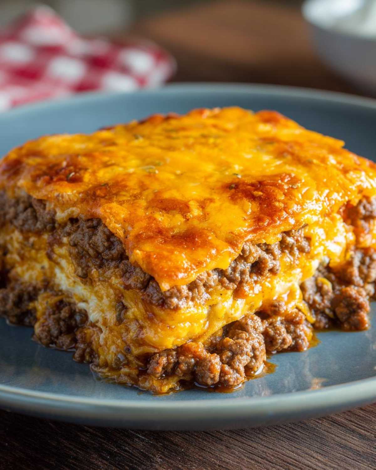 A close-up of a square serving of Dorito Casserole with layers of seasoned ground beef and melted, bubbly orange cheese.