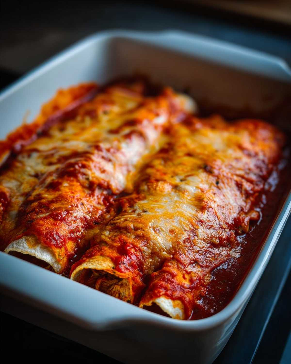 Close-up of baked easy chicken enchiladas covered in melted cheese and rich red sauce in a white baking dish.