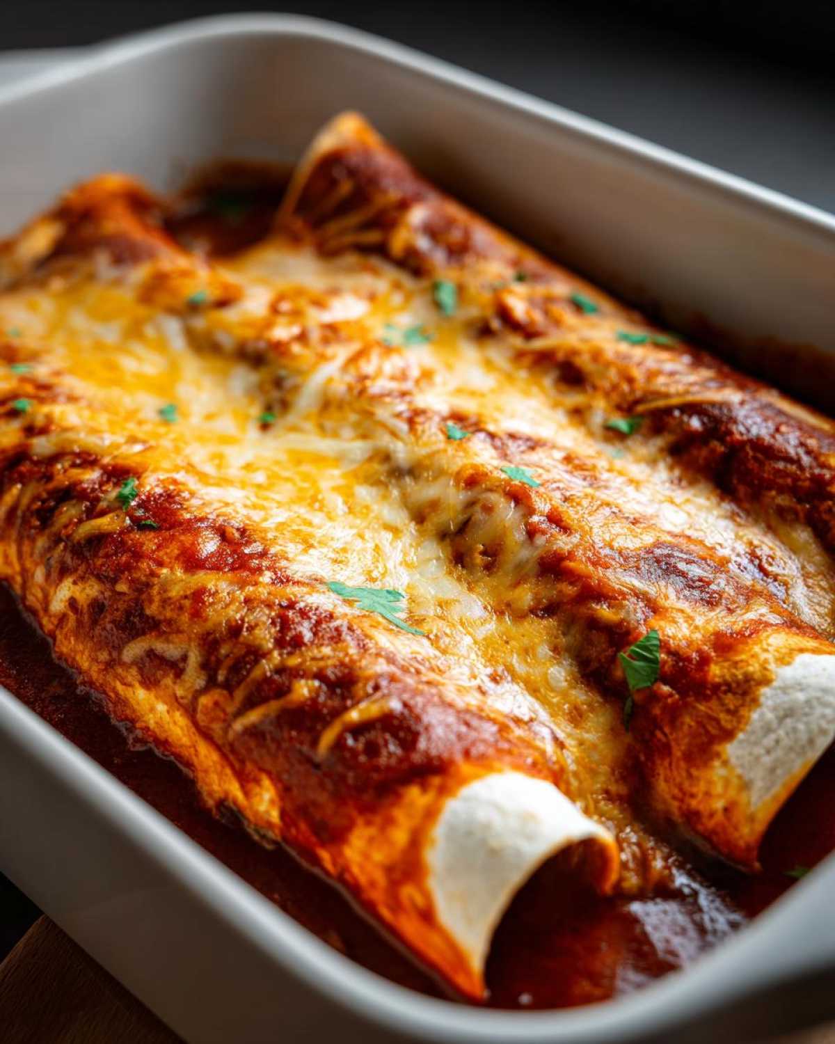 Close-up of baked easy chicken enchiladas covered in red sauce and melted golden cheese in a white baking dish.