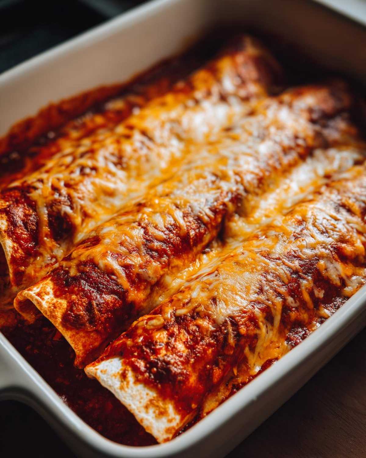 Close-up of three baked easy chicken enchiladas covered in rich red sauce and melted cheddar cheese.