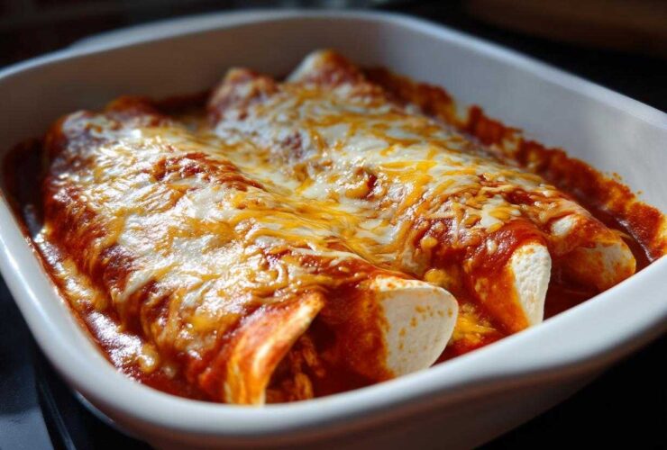 Close-up of baked easy chicken enchiladas smothered in red sauce and melted cheddar and Monterey Jack cheese.