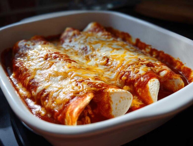 Close-up of baked easy chicken enchiladas smothered in red sauce and melted cheddar and Monterey Jack cheese.