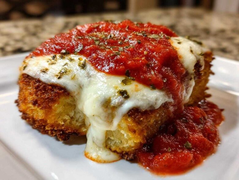 Close-up of a breaded chicken breast topped with melted mozzarella, marinara sauce, and herbs for Easy Chicken Parmesan.