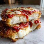 Close-up of Easy Chicken Parmesan cut in half, showing crispy breading, white chicken meat, melted mozzarella, and marinara sauce.