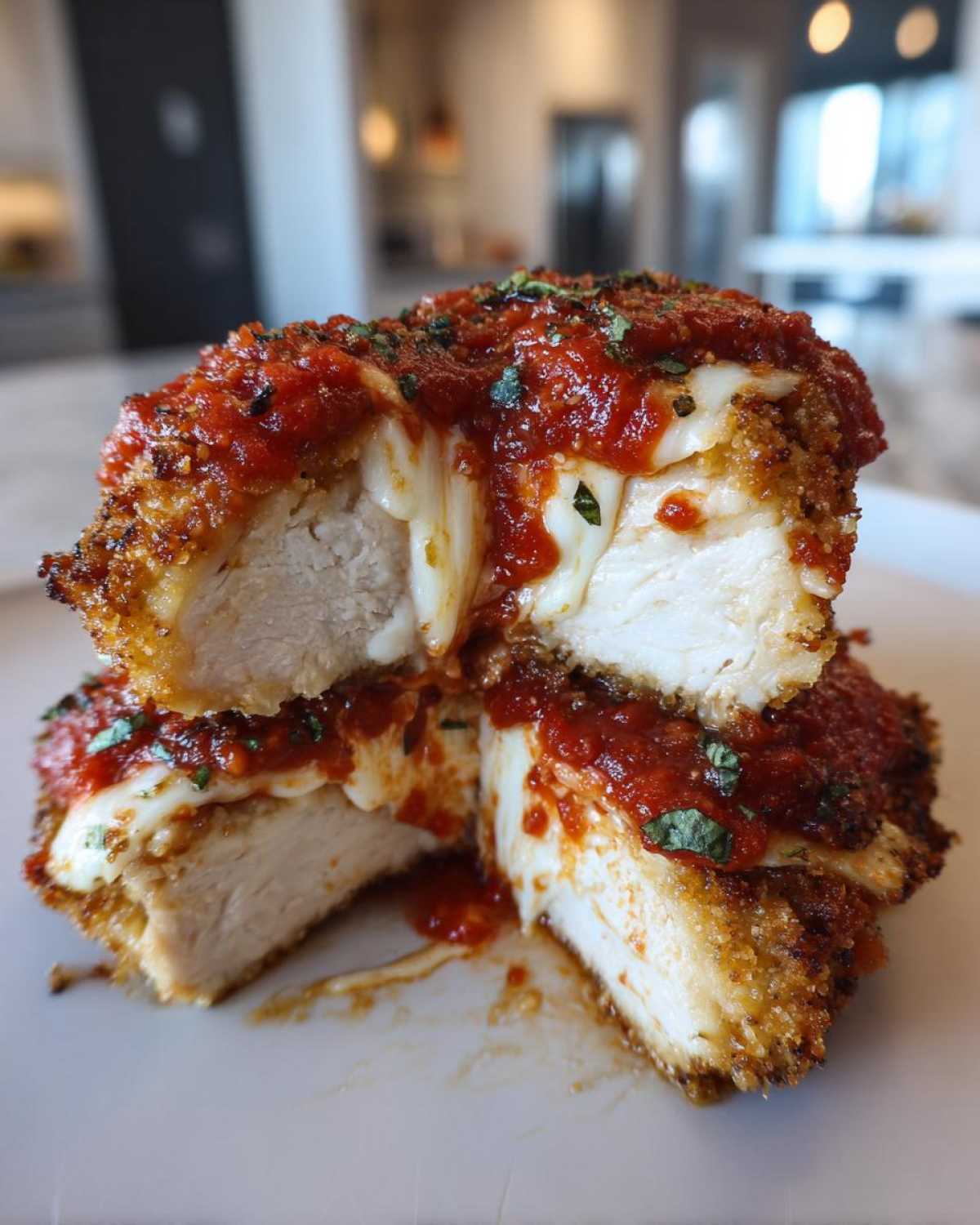 Cross-section view of Easy Chicken Parmesan showing juicy white meat, melted mozzarella, and marinara sauce.