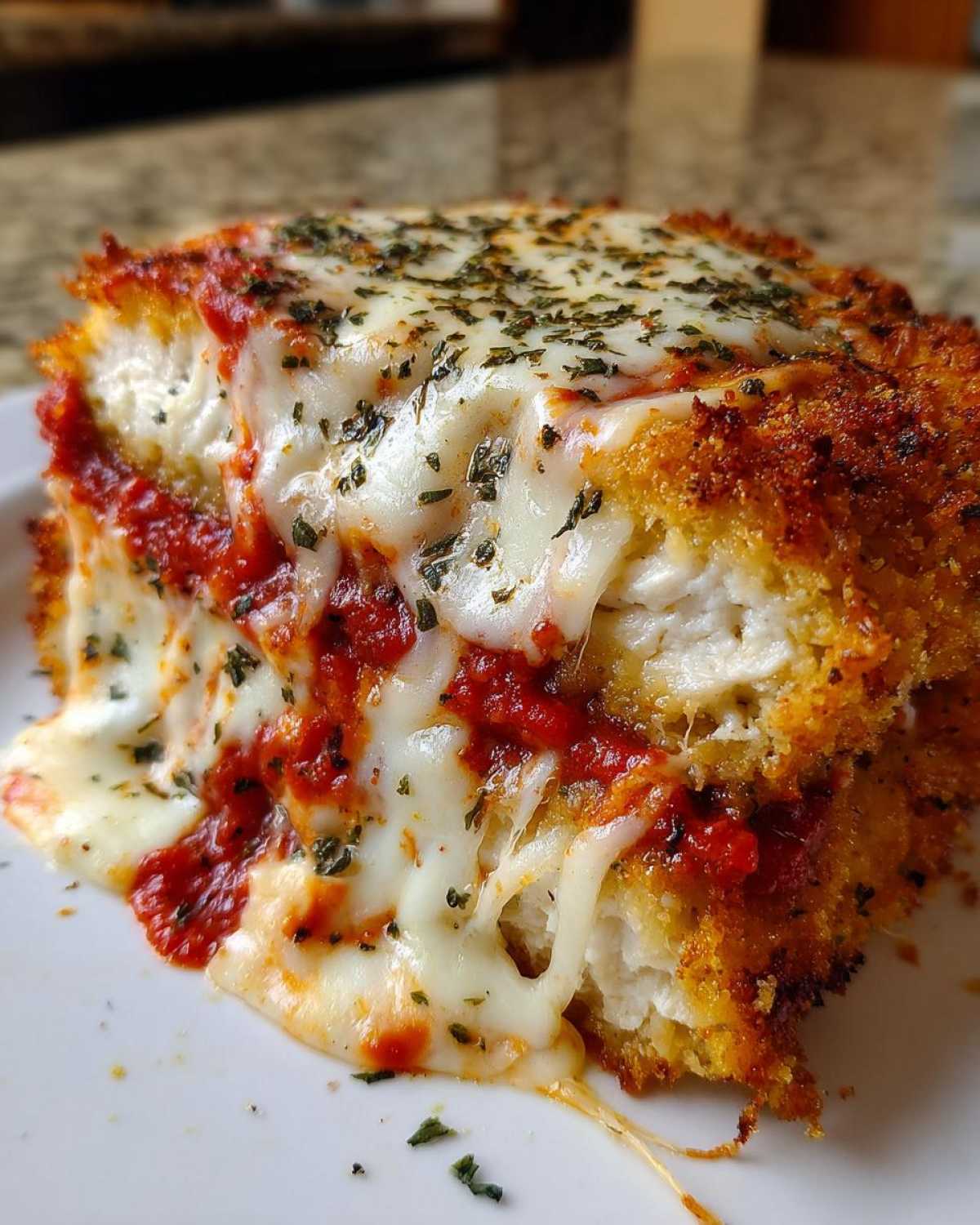 Close-up of a slice of Easy Chicken Parmesan showing crispy breading, melted mozzarella, marinara sauce, and herbs.
