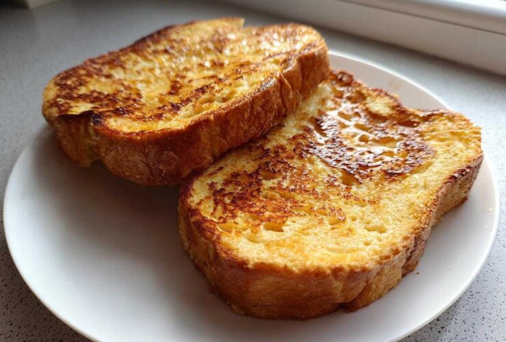 Two golden brown slices of easy french toast drizzled with syrup on a white plate.