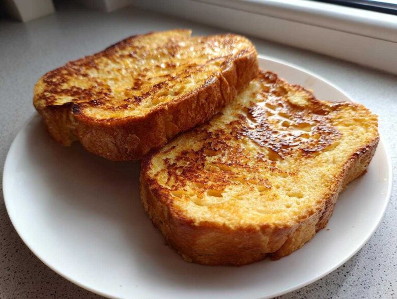 Two golden brown slices of easy french toast drizzled with syrup on a white plate.