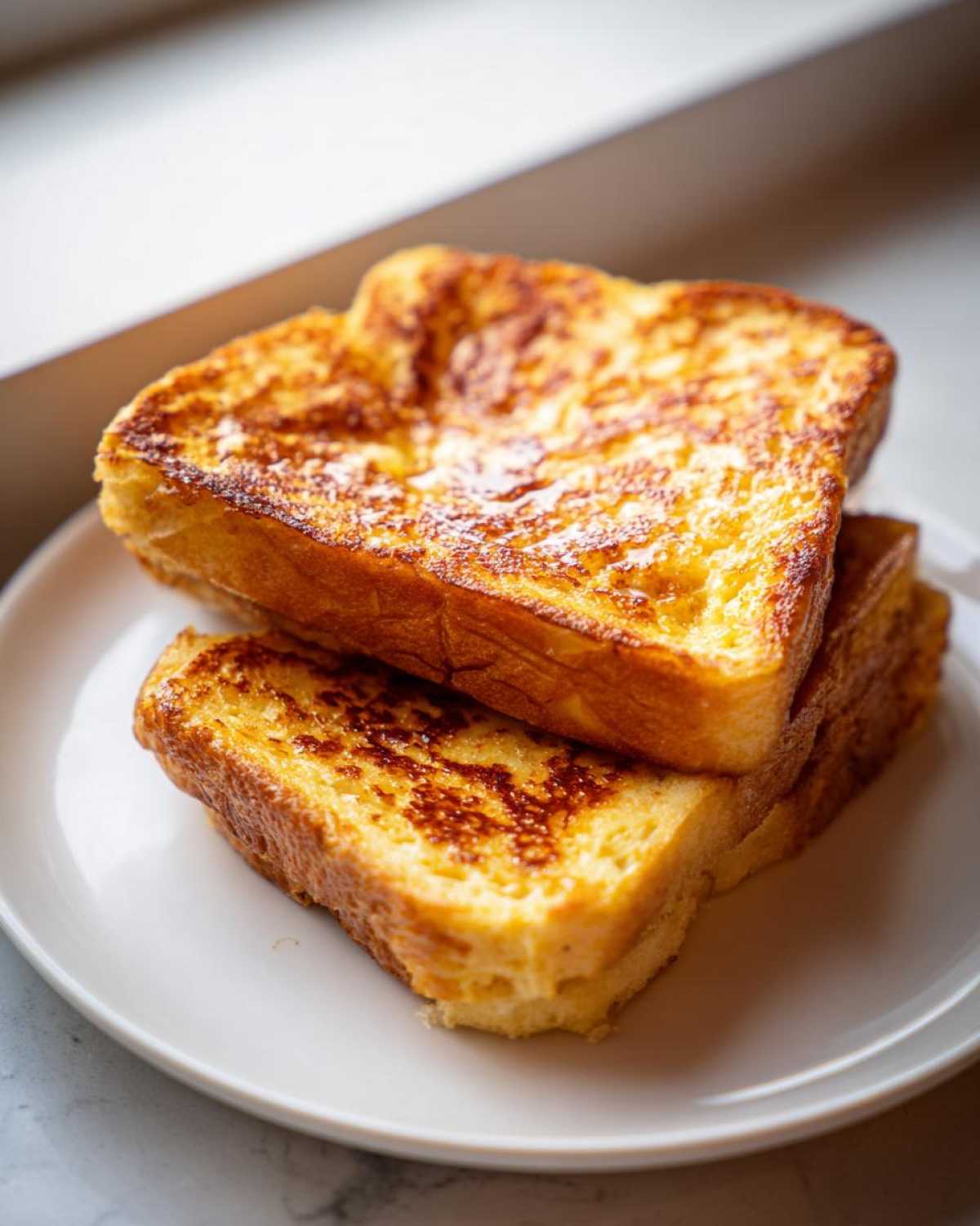 Two thick slices of golden brown easy french toast stacked on a white plate, perfectly cooked.