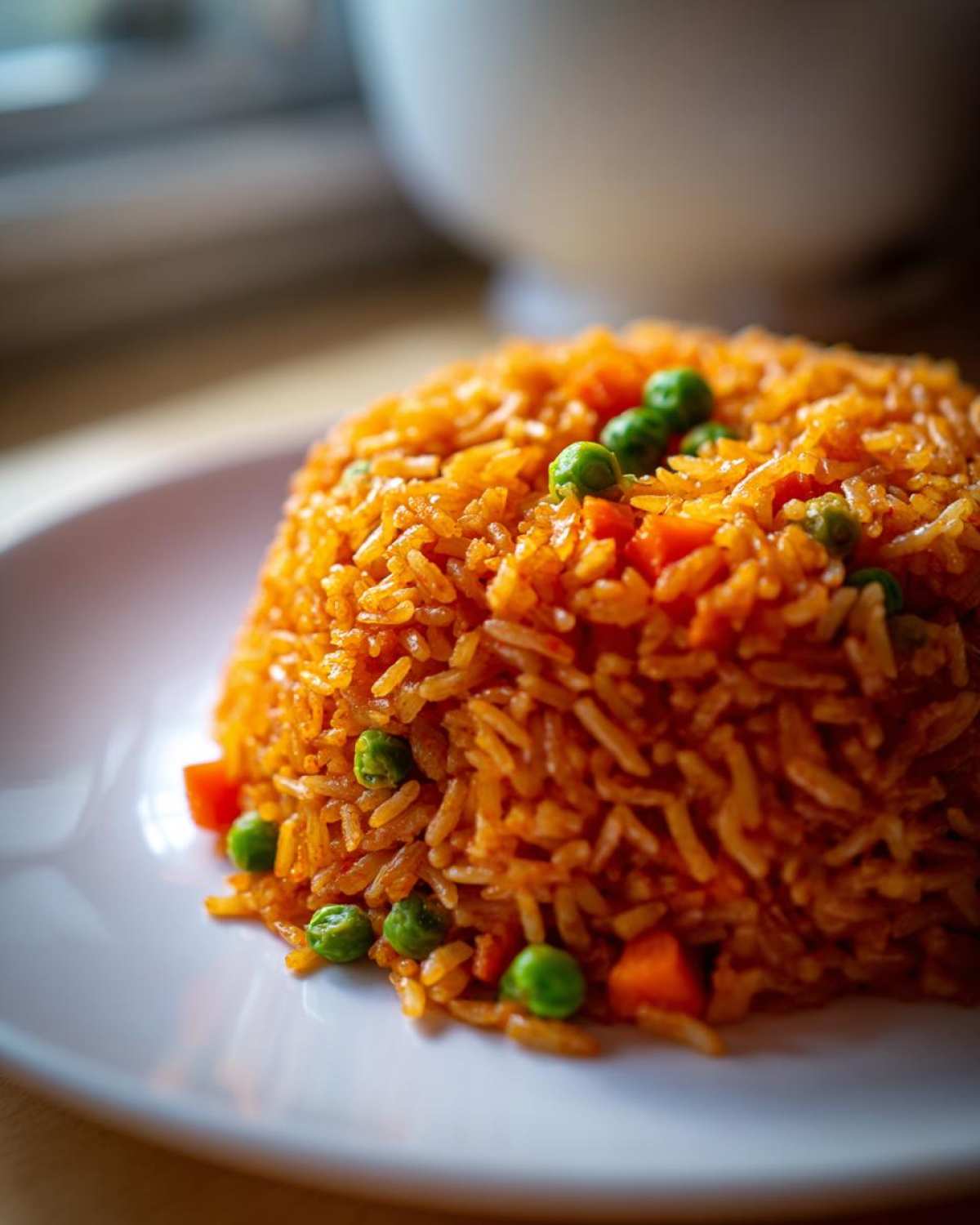 A mound of vibrant orange Spanish rice mixed with green peas and diced carrots served on a white plate.