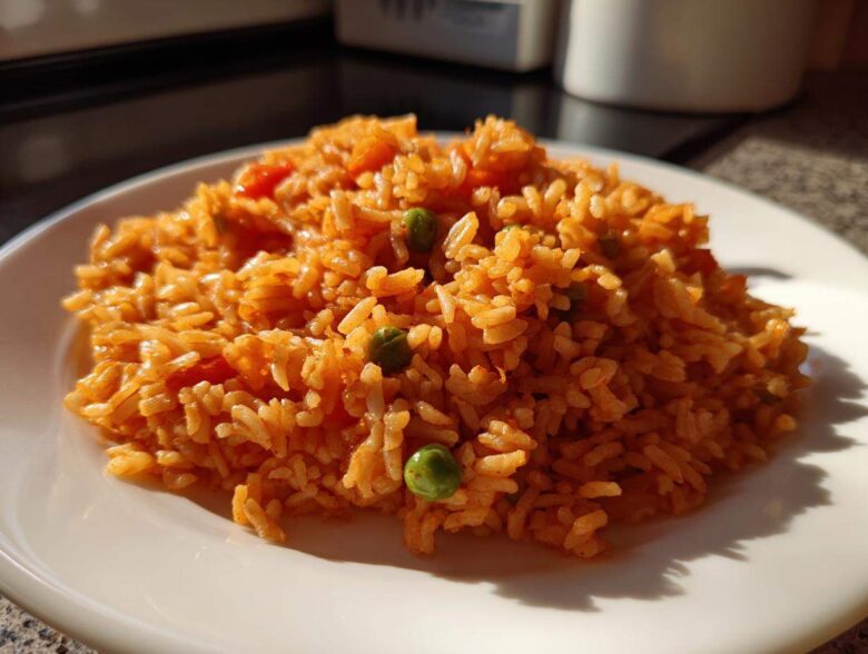 A close-up of a serving of bright orange Spanish rice with visible peas and tomato pieces on a white plate.