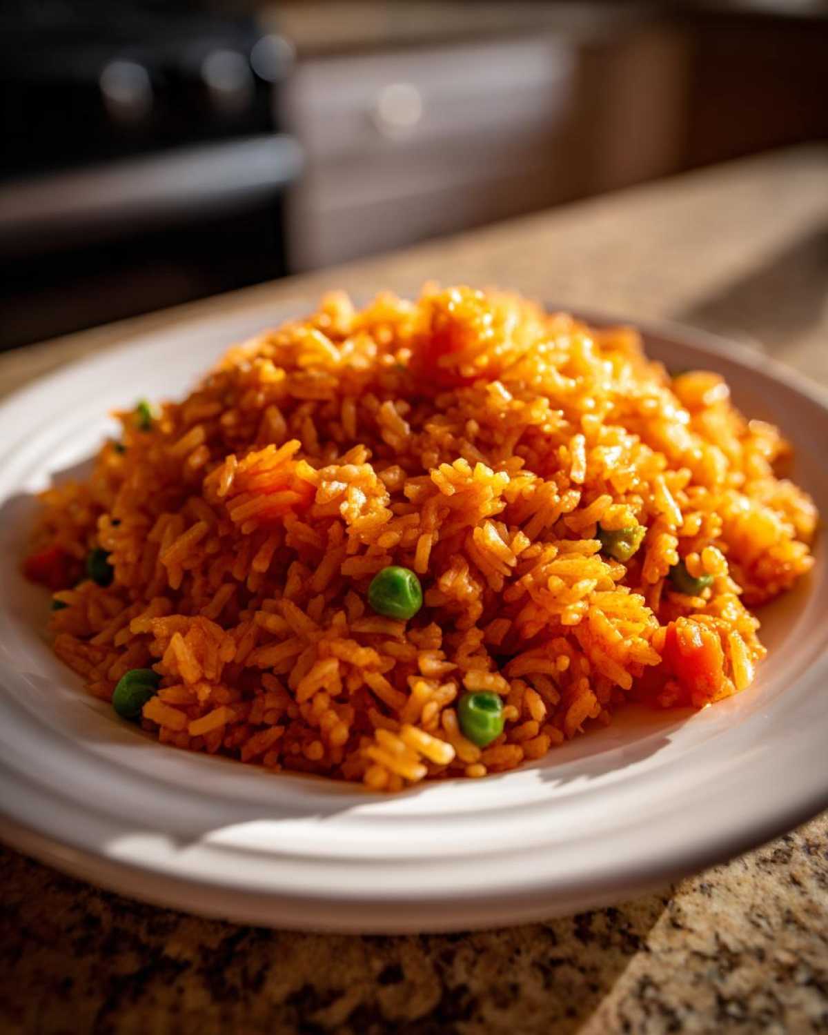 A mound of bright orange, fluffy spanish rice mixed with peas and diced carrots served on a white plate.