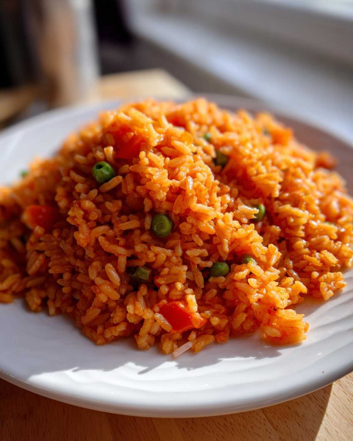 A close-up of a serving of vibrant orange spanish rice mixed with green peas and diced red tomatoes on a white plate.
