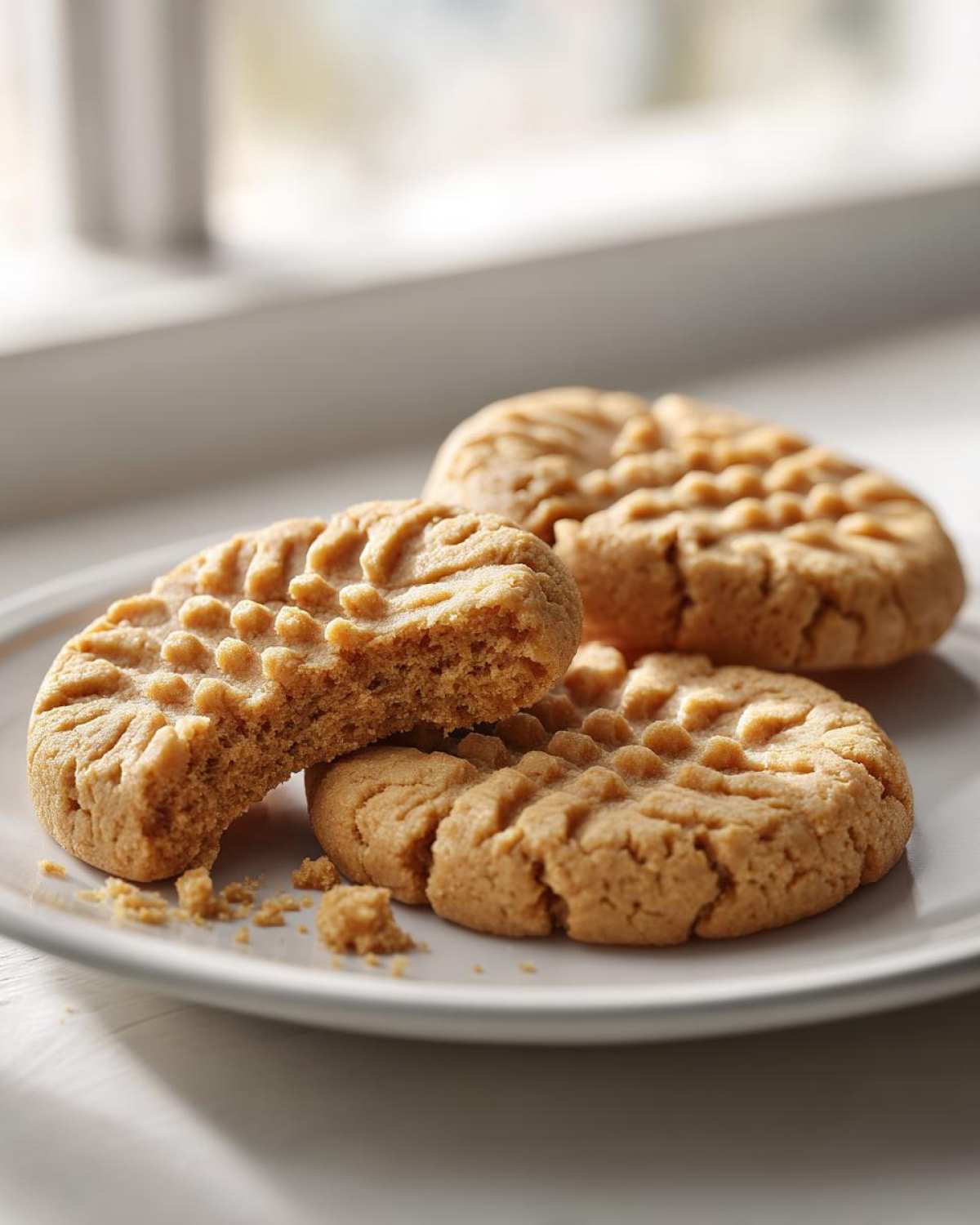 Three Easy Peanut Butter Cookies on a white plate, one broken in half showing the texture.