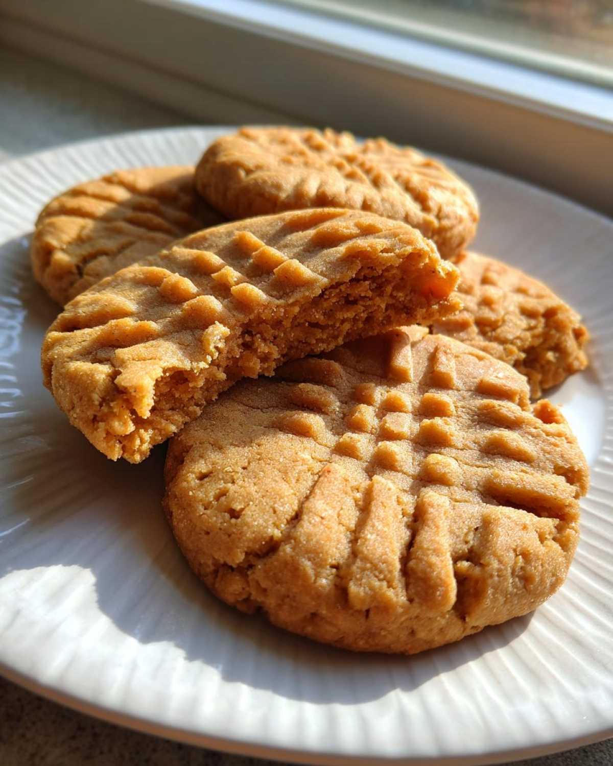 Close-up of several Easy Peanut Butter Cookies with classic crosshatch marks, one broken open to show the soft interior.
