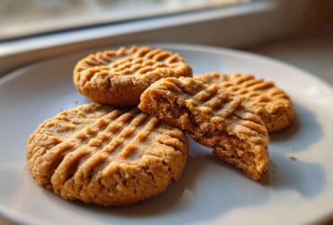 Four classic Easy Peanut Butter Cookies on a white plate, one broken open to show the texture.