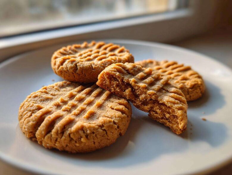 Four classic Easy Peanut Butter Cookies on a white plate, one broken open to show the texture.