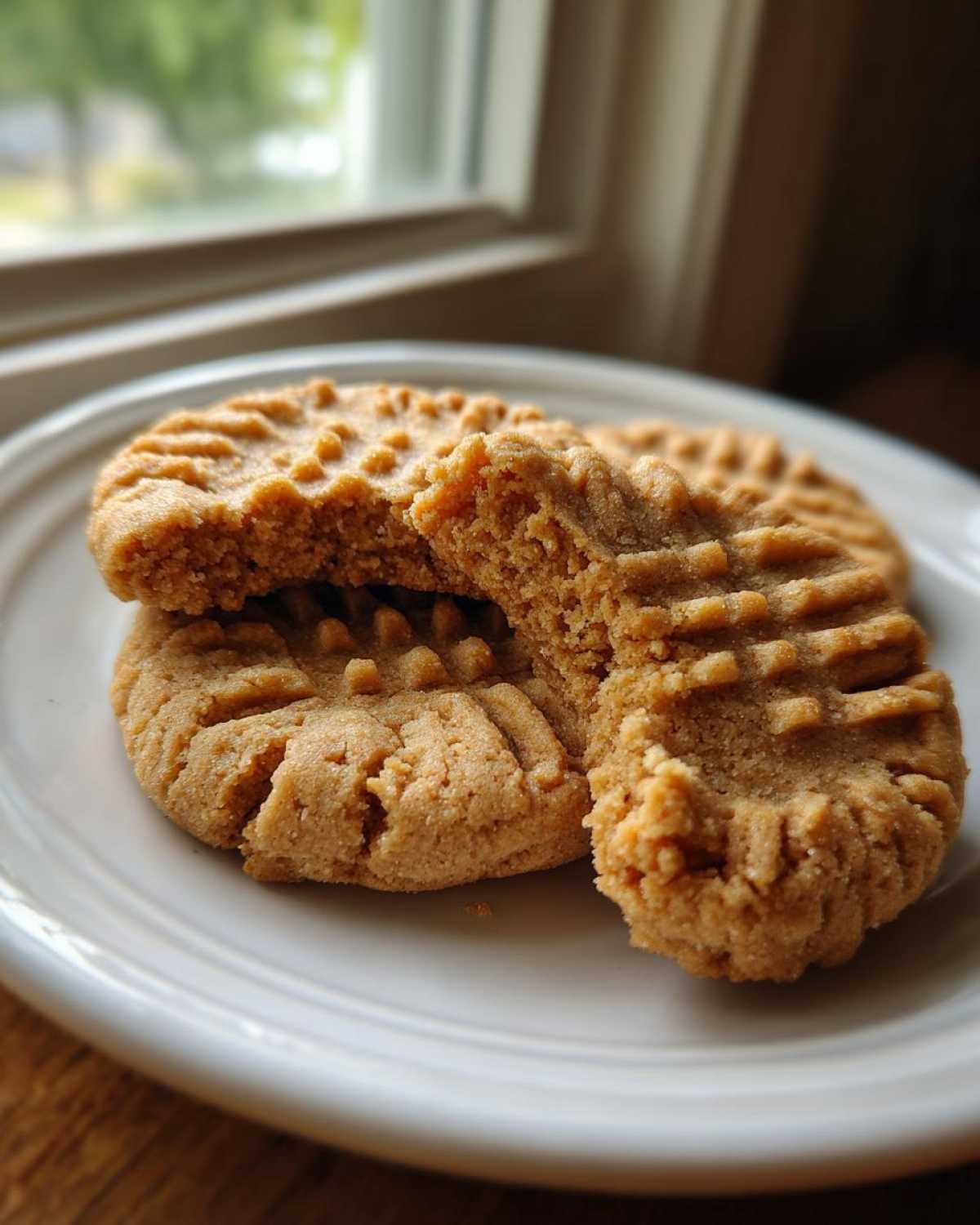 Three soft Easy Peanut Butter Cookies with classic crosshatch fork marks stacked on a white plate.