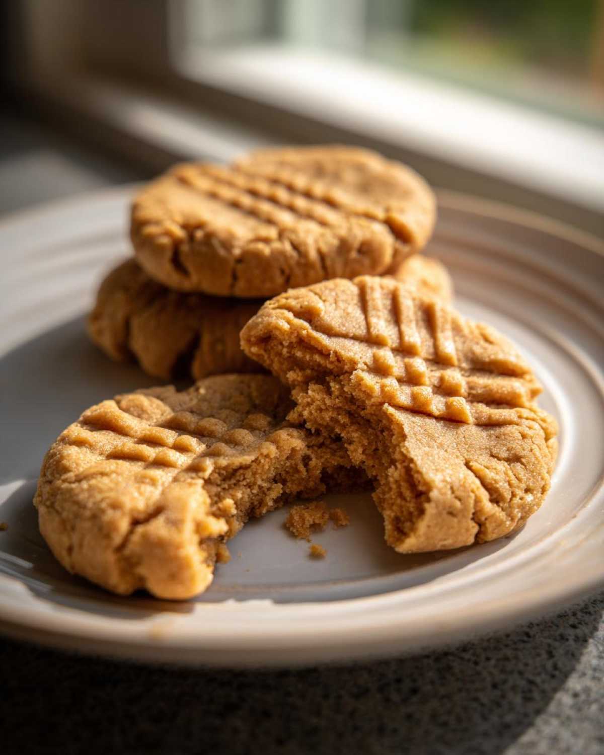 Close-up of soft Easy Peanut Butter Cookies on a plate, one cookie broken in half showing the texture.