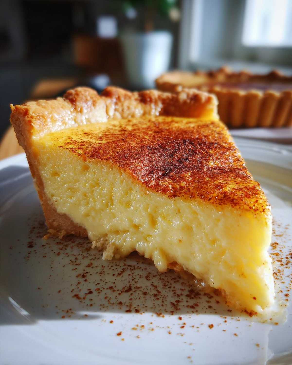 A close-up of a thick slice of creamy egg custard pie dusted with cinnamon on a white plate.