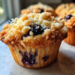 A close-up, featured image of a golden brown blueberry muffin topped with sweet streusel crumbs.
