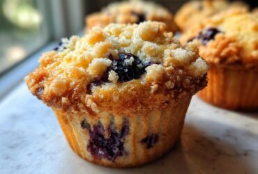 A close-up, featured image of a golden brown blueberry muffin topped with sweet streusel crumbs.