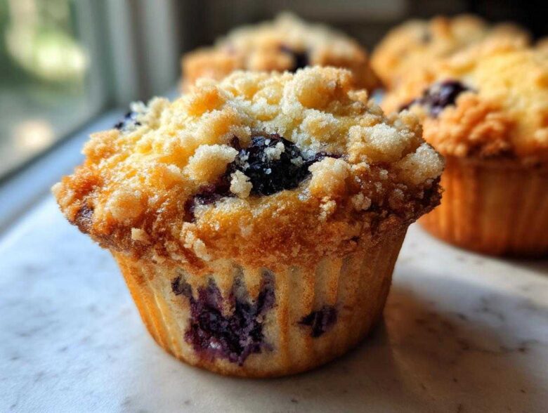 A close-up, featured image of a golden brown blueberry muffin topped with sweet streusel crumbs.