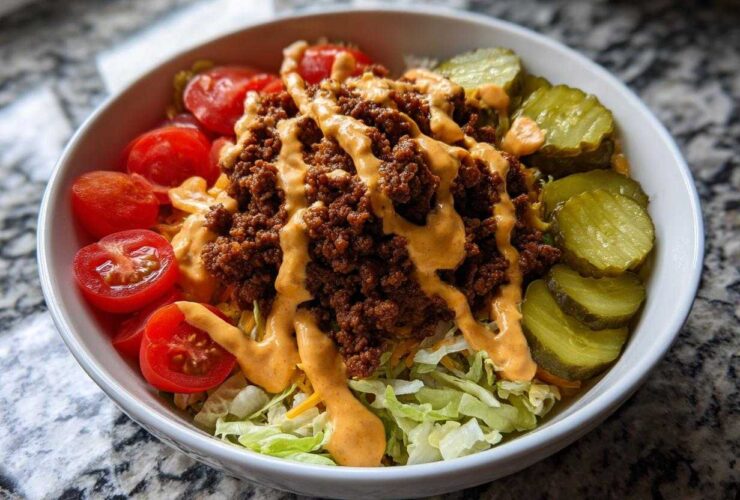 A vibrant cheeseburger bowl featuring seasoned ground beef, shredded lettuce, cherry tomatoes, pickles, and a drizzle of special sauce.