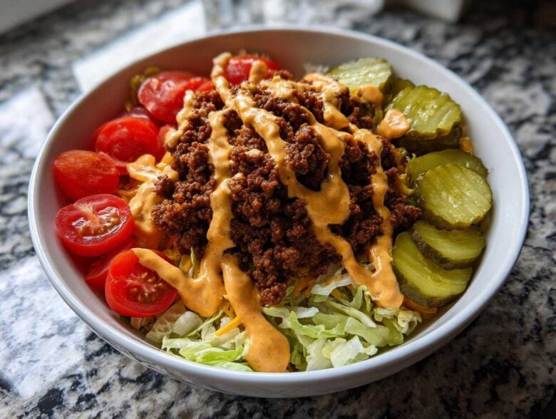 A vibrant cheeseburger bowl featuring seasoned ground beef, shredded lettuce, cherry tomatoes, pickles, and a drizzle of special sauce.