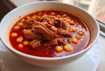 Close-up of a white bowl filled with vibrant red Pozole rojo, featuring shredded meat and hominy kernels.