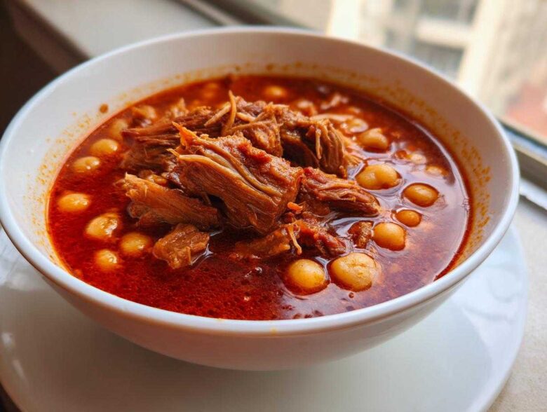 Close-up of a white bowl filled with vibrant red Pozole rojo, featuring shredded meat and hominy kernels.