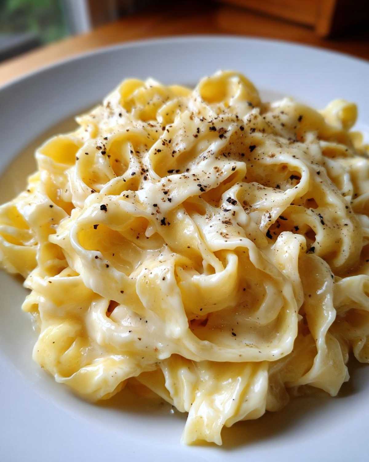 Close-up of fettuccine pasta coated in rich, creamy homemade alfredo sauce and topped with cracked black pepper.