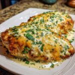 Two baked chicken breasts topped with melted cheese and fresh parsley, served with a creamy sauce. This is our Fiesta Lime Chicken recipe.