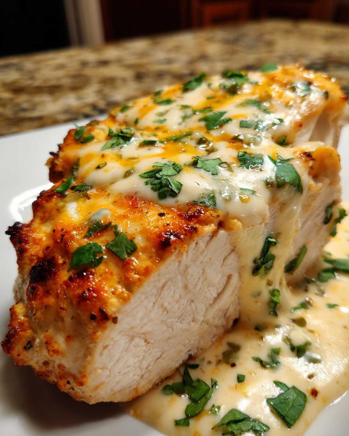 Cross-section of baked fiesta lime chicken breast covered in melted cheese sauce and fresh cilantro.