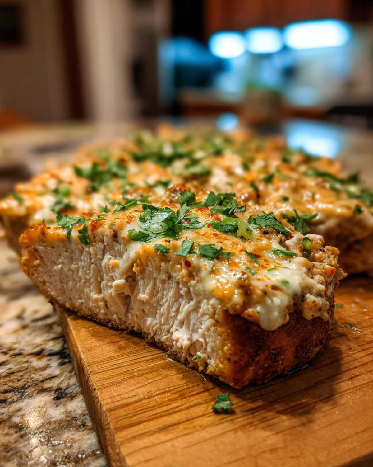Close-up cross-section of juicy fiesta lime chicken topped with melted cheese and fresh cilantro.
