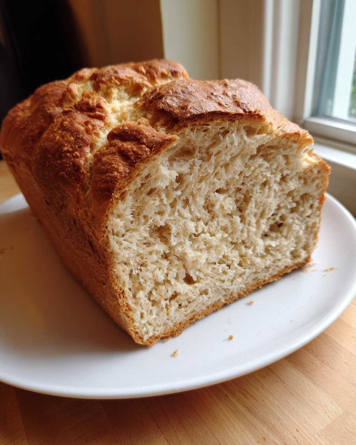 A freshly baked loaf of whole wheat bread, sliced to show the soft, airy crumb texture.